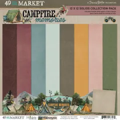 Verpackungsvorderseite mit acht einfarbigen 12x12-Papieren in Rot-, Blau-, Gelb- und Grüntönen der Kollektion Campfire Memories.