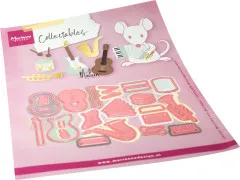 Verpackungsvorderseite der Collectables-Stanzform 'Music Instruments' mit musizierender Maus und Instrumenten-Illustration von Marleen