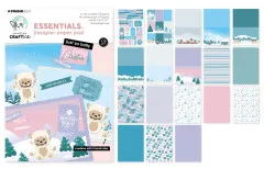 Kombinierte Ansicht von Verpackungsvorderseite mit Yeti-Motiven und vollständiger Motivübersicht aller 17 Papierdesigns des Blocks