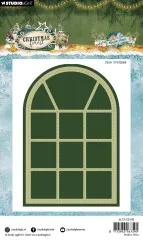 Verpackungsrückseite mit der Fenster-Stanzform als grüne Silhouette, Größenangabe 90x133mm