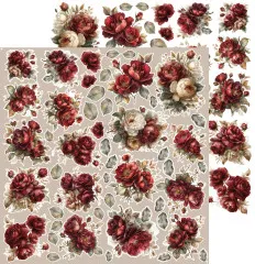 Stanzteile-Bogen mit verzierten Herzen (Zahnrad- und Bandmotive) und Rosenbouquets