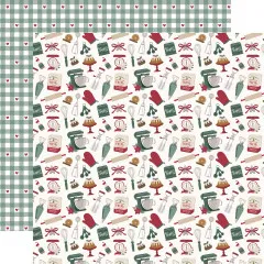 Designpapier mit grünem Vichy-Karo und kleinen Herzen / Rückseite: Back-Utensilien-Musterpapier (Rührschüssel, Schneebesen, Mehltüte, Kuchenständer)