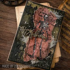 Vintage-inspirierte Halloween-Karte mit Skelett und zerrissenen Elementen