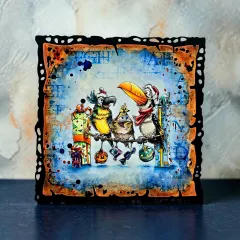 Blau-orangene Vintage-Karte mit drei Vögeln auf einem Ast