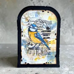Gewölbte Karte im Vintage-Stil mit koloriertem Vogel-Stempel