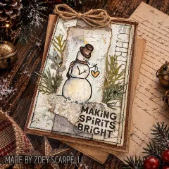 Vintage-Karte mit Schneemann zwischen Tannenzweigen und Schild Making spirits bright