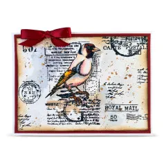 Vintage Postkarte mit Vogeldruck, Stempeln und roter Schleife