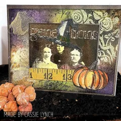 Vintage Halloween Bastelkarte mit Hexenhut und historischen Gesichtern