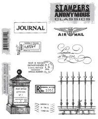 Gummistempel-Bogen mit Vintage-Postmotiven wie Briefkasten, schmiedeeisernem Zaun, Air-Mail-Zeichen und historischen Poststempeln