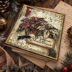 Vintage-Karte mit Weihnachtssternen auf Notenpapier-Hintergrund und Etikett A Joyous Christmas