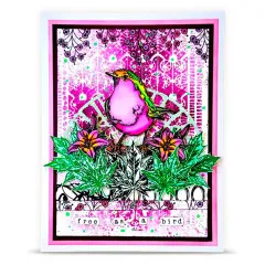 Bastelkarte mit rosa Vogel, floralen Elementen und grünen Ahornblättern auf gemustertem Hintergrund