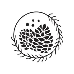 Wachssiegel-Motiv mit Tannenzapfen und Zweigkranz im runden Rahmen.