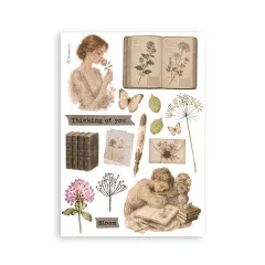 Washi-Papier Bogen mit Frauenportrait, Gedichttext, Büchern und floralen Elementen