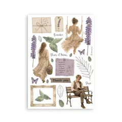 Washi-Papier Bogen mit Lavendelblüten, Schmetterlingen, Briefen und lesender Frau