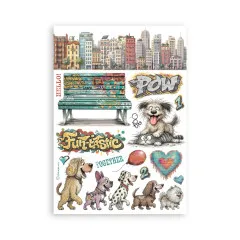 Washi-Bogen mit Skyline, Graffiti-Bank, Hunden und Schriftzügen Pow und Together