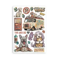 Washi-Bogen mit Lieferwagen, Bulldogge mit Katzen, Automat und You and me