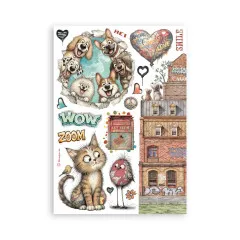Washi-Bogen mit Hunden im Kreis, Katze, Vogel, Backsteinhaus und Wow, Zoom