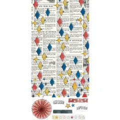Washi-Bogen mit buntem Rautenmuster auf Zeitungsdruck-Hintergrund sowie Papierfächer- und Sternchen-Aufklebern.