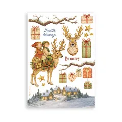 Elfenkinder auf Hirsch mit Geschenken vor winterlichem Dorf.