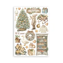 Gans, Weihnachtsbaum, Junge mit Ornament und Schriftzug 'Let it snow'.