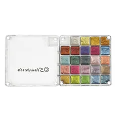 Geöffnete Farbpalette Stamperia Watercolor mit 30 metallischen und kräftigen Farbtönen in klarem Kunststoffetui