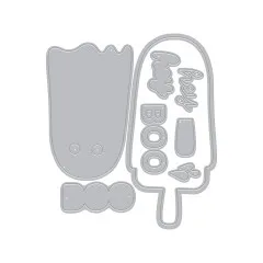 Uncolorierte Stanzformen des Sets: Eis-am-Stiel-Geist, Schriftzüge 'hey' und 'BOO' sowie Tropfen-Details.
