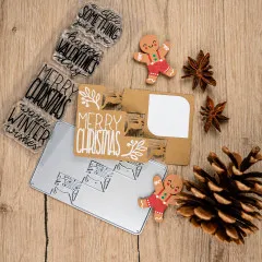 Weihnachtliche Triple Step Card mit Rentieren und Lebkuchenmännchen-Dekoration auf Holzgrund.
