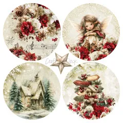 Vier runde Motive mit weihnachtlichen Blumen, Engeln, Winterhaus und Bär aus dem Paper Set