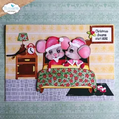 Bastelkarte mit zwei Mäusen im Bett mit Zipfelmützen, Nachttisch, Wecker und Blumendecke
