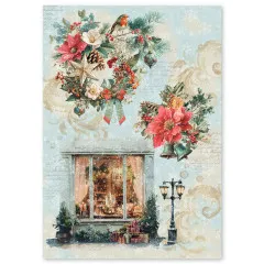 Reispapier-Bogen mit beleuchtetem Weihnachts-Schaufenster, Kranz und Strassenlaterne im Design Merry & Bright