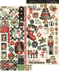Merry-ful Greetings Stickerbogen mit Nussknacker, Weihnachtssocke, Christbaum, Schneemann, Sternen und Schriftzügen in Rot, Grün, Schwarz und Gold