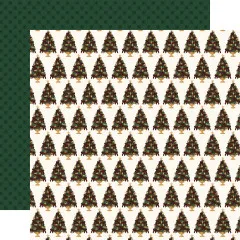 Doppelseitiges Designpapier mit Weihnachtsbäumen in Goldfarbe auf cremefarbenem Hintergrund, Rückseite mit Tannenbaum-Muster auf Grün