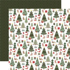 Designpapier mit Weihnachtsbäumen, Hunde-Motiven, Geschenken und floralen Elementen in Weiß und Grün mit Tannenbaum-Muster auf Rückseite