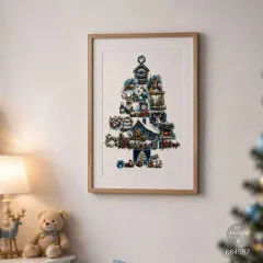 Gerahmtes Bild mit einem aus Quiet Country Blue Transfermotiven zusammengesetzten Weihnachtsbaum im Kinderzimmer.
