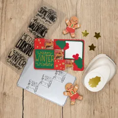 Weihnachtliche 3D-Karte in Rot und Grün mit Rentieren und Sternen dekoriert.