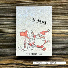Weiße Weihnachtskarte mit glitzernd geprägten Schneeflocken, Weihnachtsmann und Briefkasten