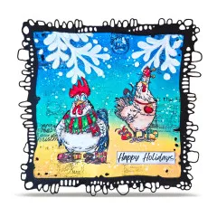 Karte 'Happy Holidays' mit zwei weihnachtlich gekleideten Hähnen vor Schneeflocken-Hintergrund