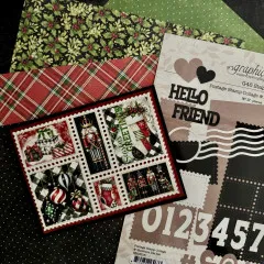 Weihnachts- und Nutcracker-Grußkarten mit gestanzten Briefmarken-Collagen neben Graphic 45 Postage Stamp Collage Verpackung auf Plaid- und Damast-Papieren
