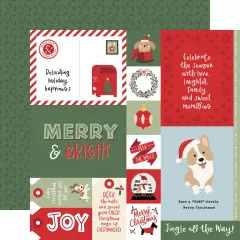 Designpapier mit Weihnachtsmann und Hunde-Motiven, Weihnachtsbäumen und Geschenken in mehrfarbigen Blöcken mit Spruchfeldern
