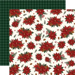 Designpapier mit großen roten Weihnachtsstern-Blüten auf cremefarbenem Hintergrund, Rückseite grünes Karomuster