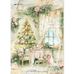 Reispapier-Bogen mit illustrierter Weihnachtszimmer-Szene, Christbaum und gedecktem Tisch