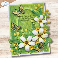 Weiße Gänseblümchen mit Vogel und rosa Wildblumen, Spruch „Where wildflowers grow, happiness follows“.