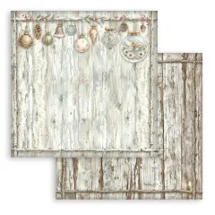 Bergsee-Szene mit Schriftzug 'Frosty air magic everywhere', Rückseite Schneetextur mit Hermelin.
