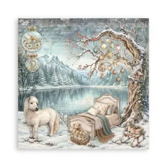 Bett mit Ornamenten am See, Pony und Weihnachtsbaum mit Kugeln.