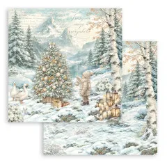 Junge mit Laternen vor Bergsee, Schriftzug 'Frosty air magic everywhere', Rückseite Birkenwald.