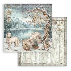 Bett mit Ornamenten am See und Pony, Rückseite Birkenrinden-Textur.