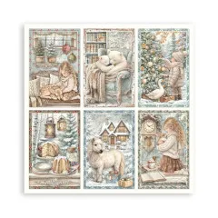 6-teiliges Kartenraster mit Mädchen, Eisbären, Pony und Winterszenen.