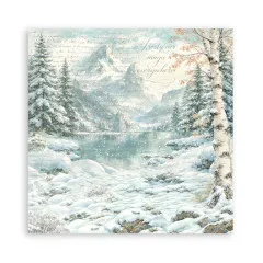 Weihnachtsbaum vor Bergsee-Kulisse mit Schriftzug 'Frosty air, magic everywhere'.