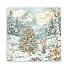 Junge schmückt Weihnachtsbaum am See, Gans daneben, Schriftzug 'Frosty air, magic everywhere'.