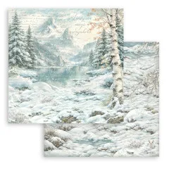 Bergsee-Szene mit Schriftzug 'Frosty air magic everywhere', Rückseite Schneetextur mit Hermelin.